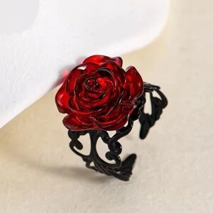 Punk Gothic Red Rose Ring Ornate Black Vine Witch Pagan Vintage Halloween OS